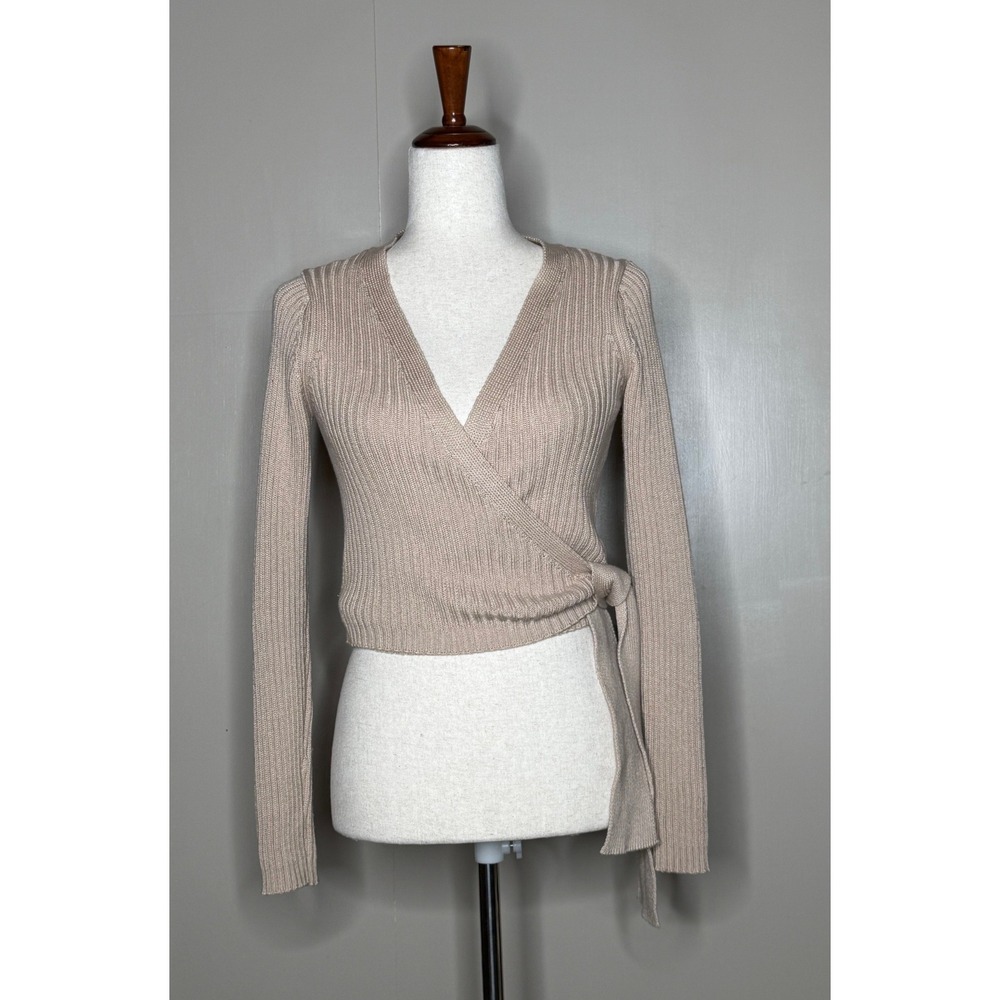 NA-KD Ribbed Knit Wrap‎ Sweater Beige Tie Waist Balletcore Top XS